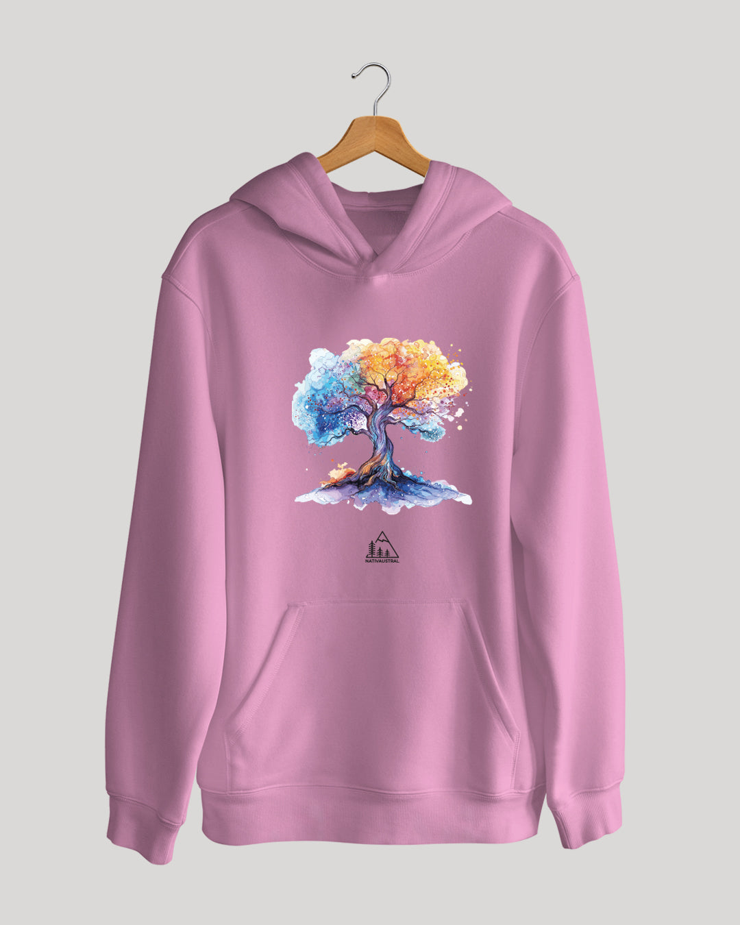 Polerón canguro con diseño de árbol de la vida, conexión con la naturaleza chilena, color rosado - Nativaustral