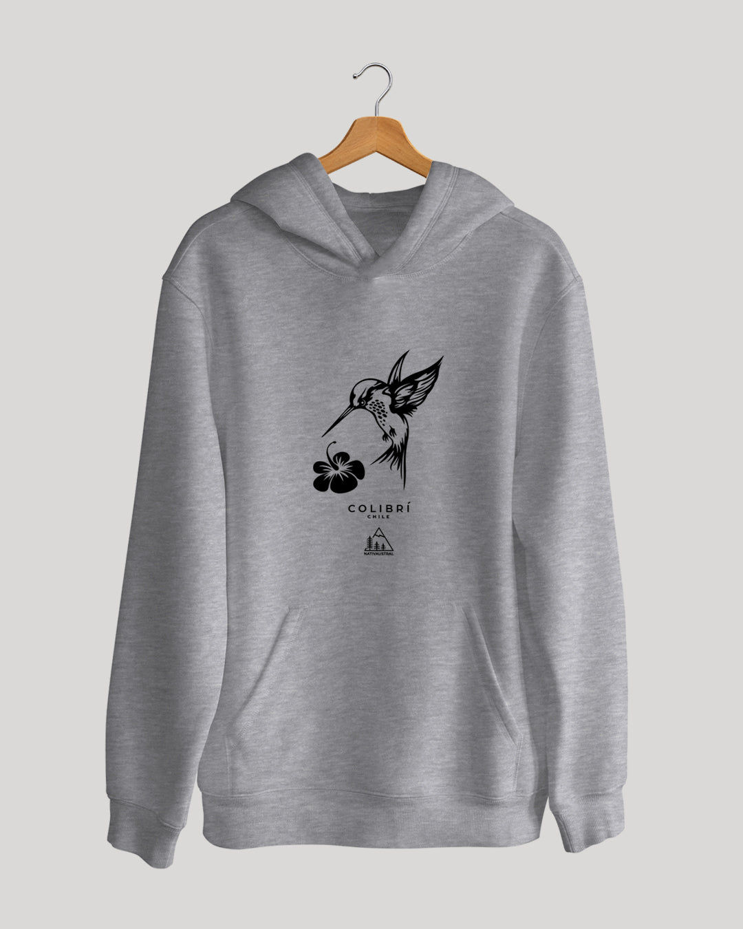 Polerón canguro con diseño de colibrí, ave nativa de Chile, color gris claro - Nativaustral