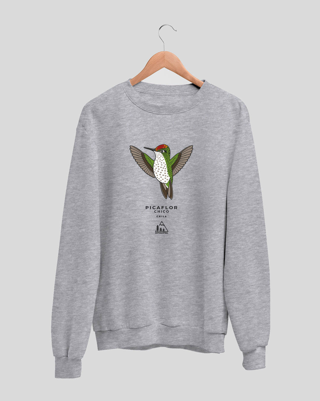 Polerón polo con diseño de picaflor chico, ave nativa de Chile, el colibrí más pequeño del país, color gris claro - Nativaustral