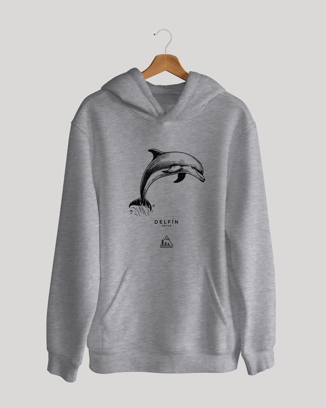 Polerón canguro con diseño de delfín, fauna marina de Chile, color gris claro - Nativaustral