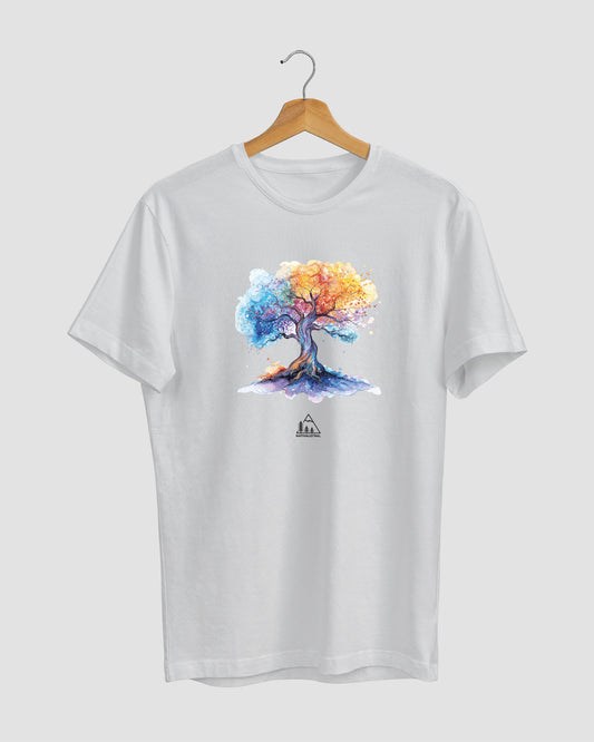 Polera con diseño de árbol de la vida, conexión con la naturaleza chilena, color blanca - Nativaustral