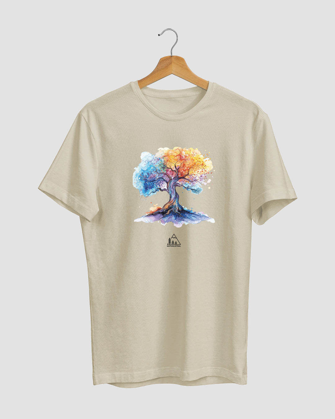 Polera con diseño de árbol de la vida, conexión con la naturaleza chilena, color cafe claro - Nativaustral