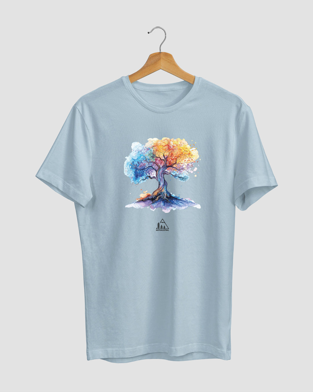 Polera con diseño de árbol de la vida, conexión con la naturaleza chilena, color celeste - Nativaustral