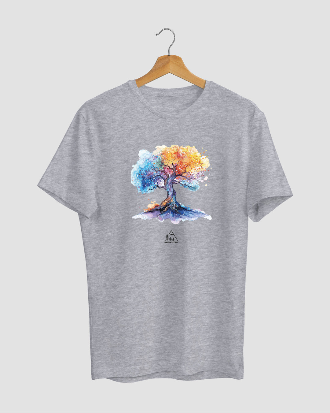 Polera con diseño de árbol de la vida, conexión con la naturaleza chilena, color gris claro - Nativaustral