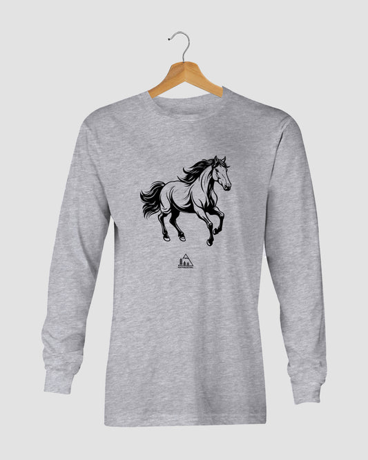 Polera manga larga con diseño de caballo, presente en el campo y paisaje chileno, color gris claro - Nativaustral