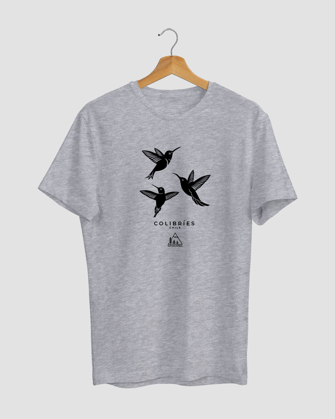 Polera con diseño de colibríes, aves nativas de Chile, color gris claro - Nativaustral