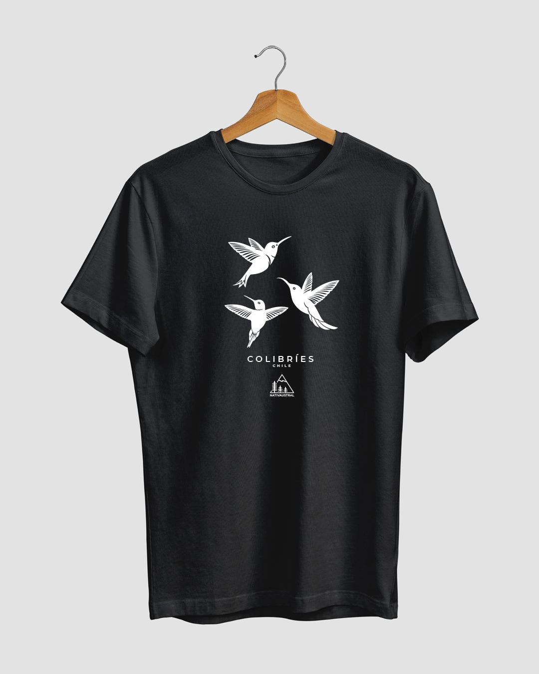 Polera con diseño de colibríes, aves nativas de Chile, color negro - Nativaustral