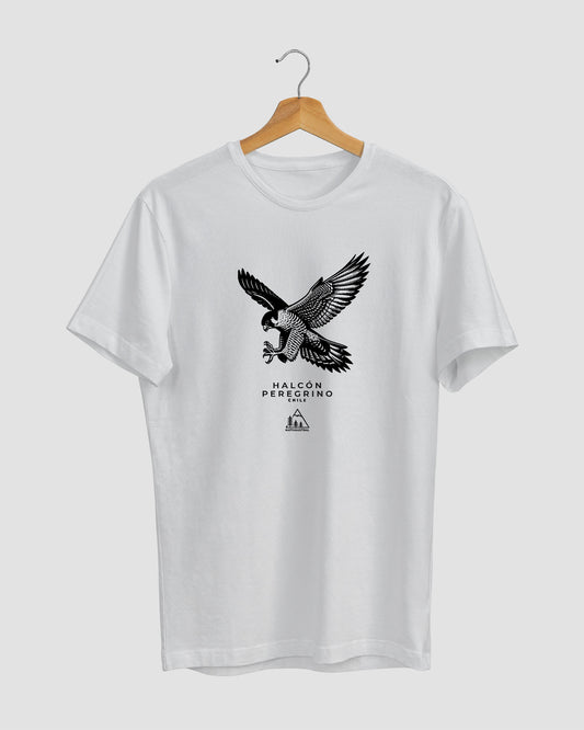 Polera con diseño de halcón peregrino, ave rapaz nativa de Chile, color blanco - Nativaustral