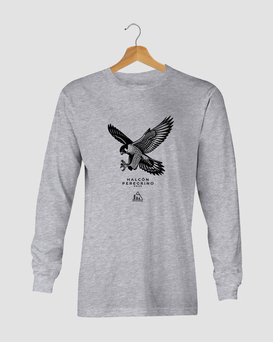 Polera manga larga con diseño de halcón peregrino, ave rapaz nativa de Chile, color gris claro - Nativaustral