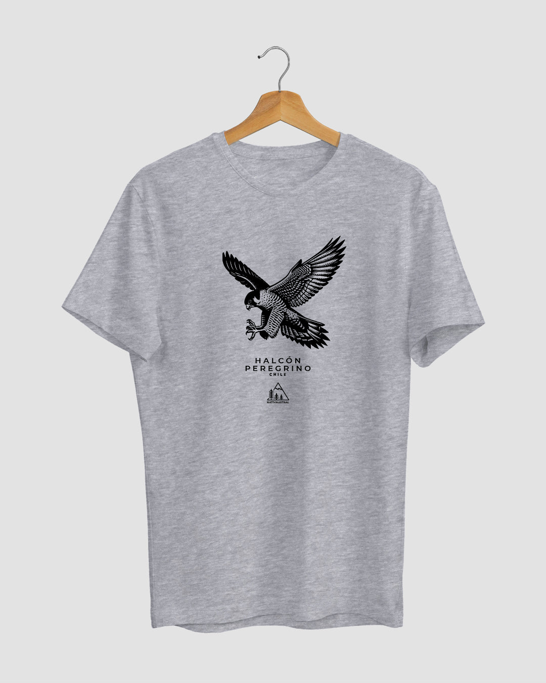 Polera con diseño de halcón peregrino, ave rapaz nativa de Chile, color gris claro - Nativaustral