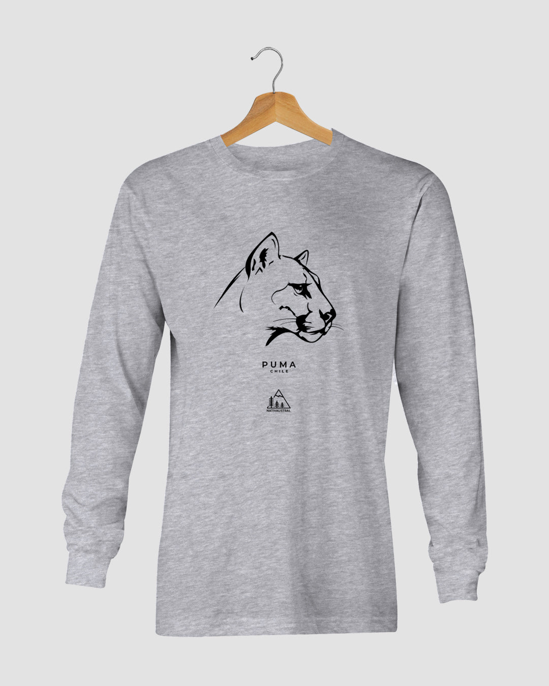 Polera manga larga con diseño de puma, felino nativo de la cordillera chilena, color gris claro - Nativaustral