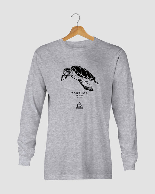 Polera manga larga con diseño de tortuga verde, tortuga marina que habita las costas de Chile, color gris claro - Nativaustral