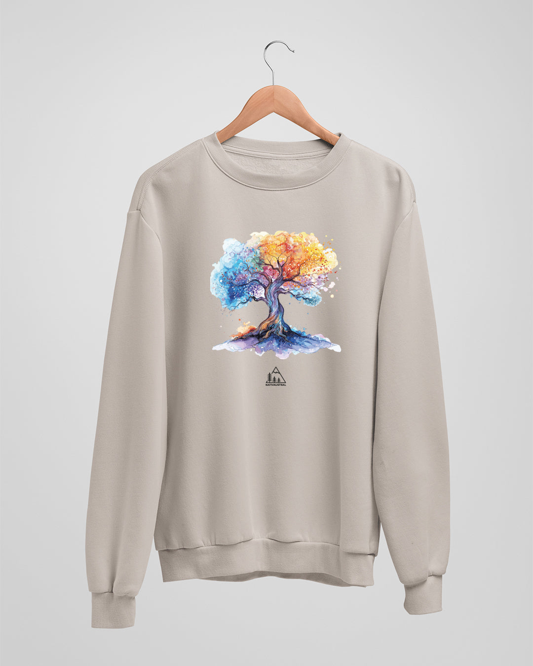 Polerón polo con diseño de árbol de la vida, conexión con la naturaleza chilena, color beige - Nativaustral