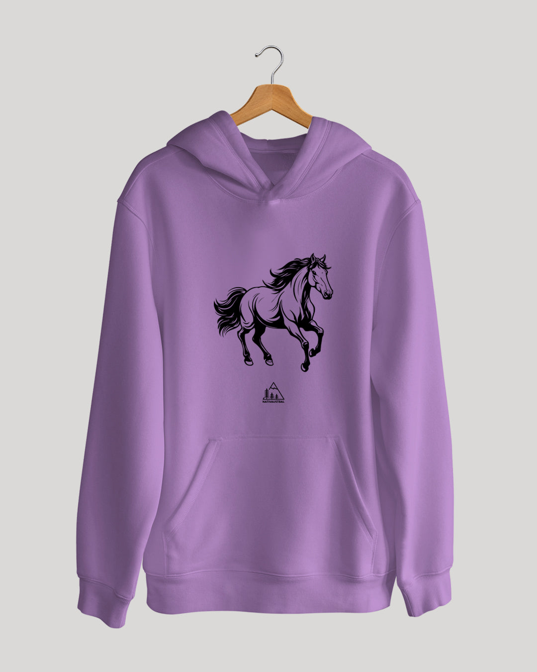 Polerón canguro con diseño de caballo, presente en el campo y paisaje chileno, color lila - Nativaustral