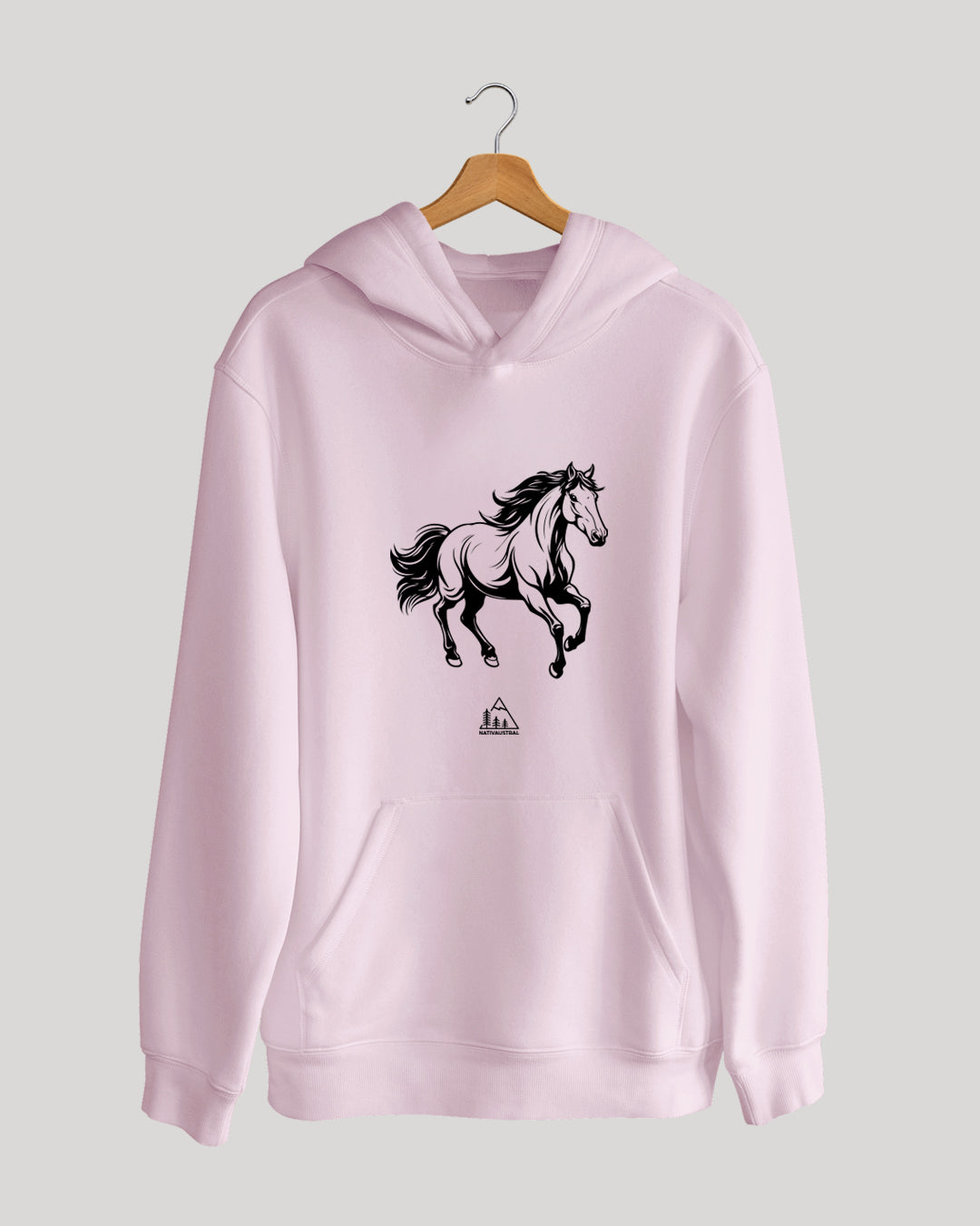 Polerón canguro con diseño de caballo, presente en el campo y paisaje chileno, color rosado claro - Nativaustral