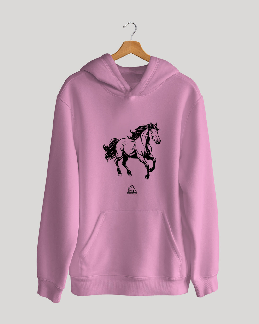 Polerón canguro con diseño de caballo, presente en el campo y paisaje chileno, color rosado - Nativaustral