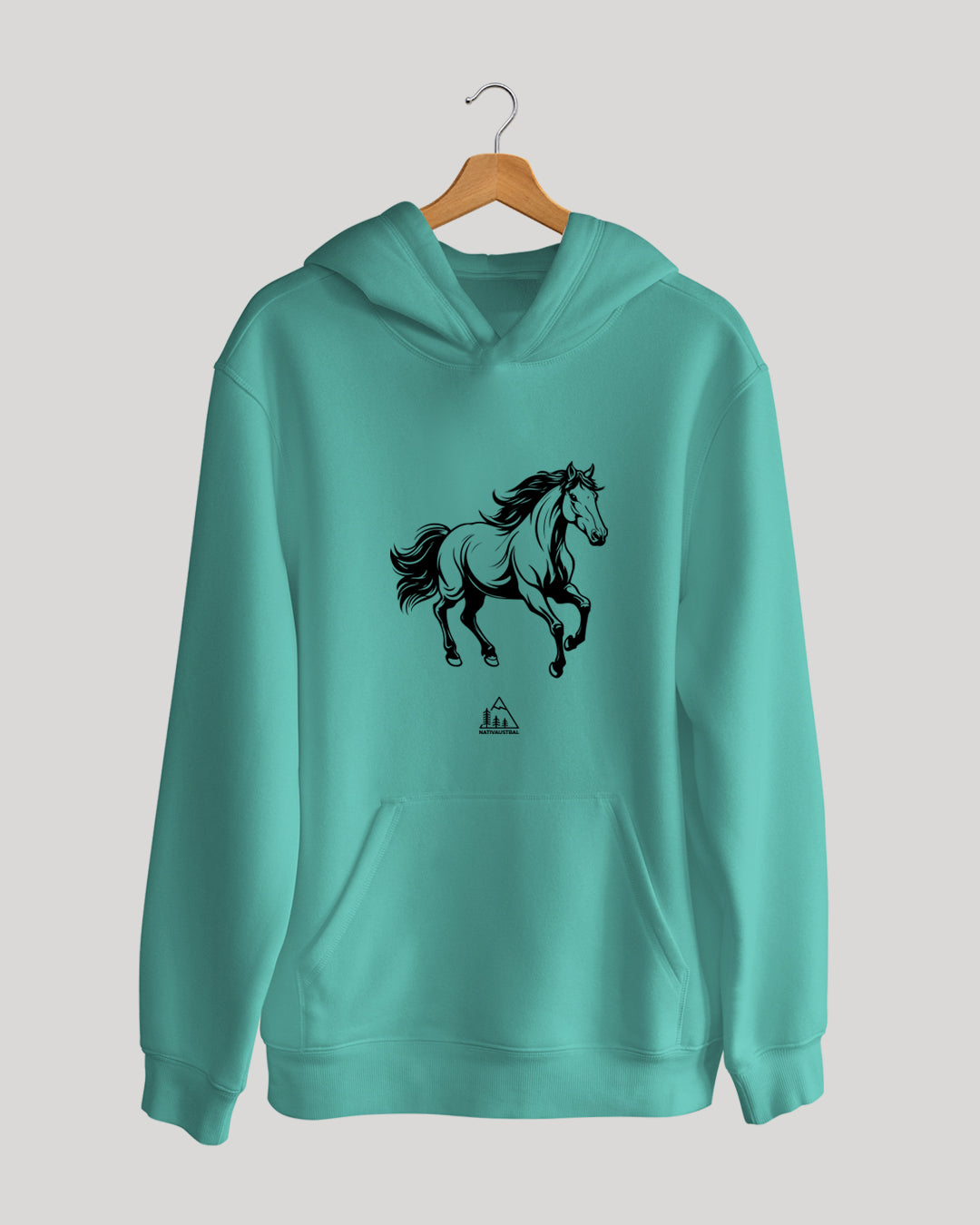 Polerón canguro con diseño de caballo, presente en el campo y paisaje chileno, color turquesa - Nativaustral