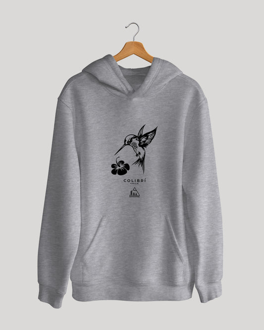 Polerón canguro con diseño de colibrí, ave nativa de Chile, color gris claro - Nativaustral