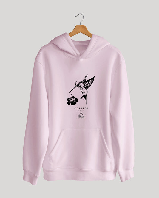 Polerón canguro con diseño de colibrí, ave nativa de Chile, color rosado claro - Nativaustral
