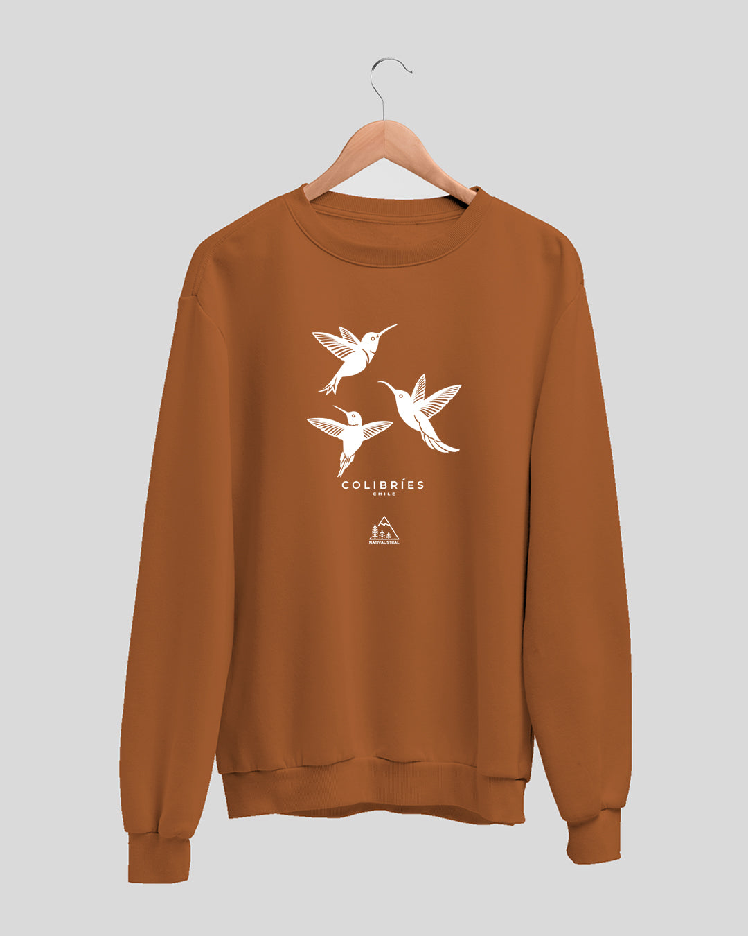 Polerón polo con diseño de colibríes, aves nativas de Chile, color alerce - Nativaustral