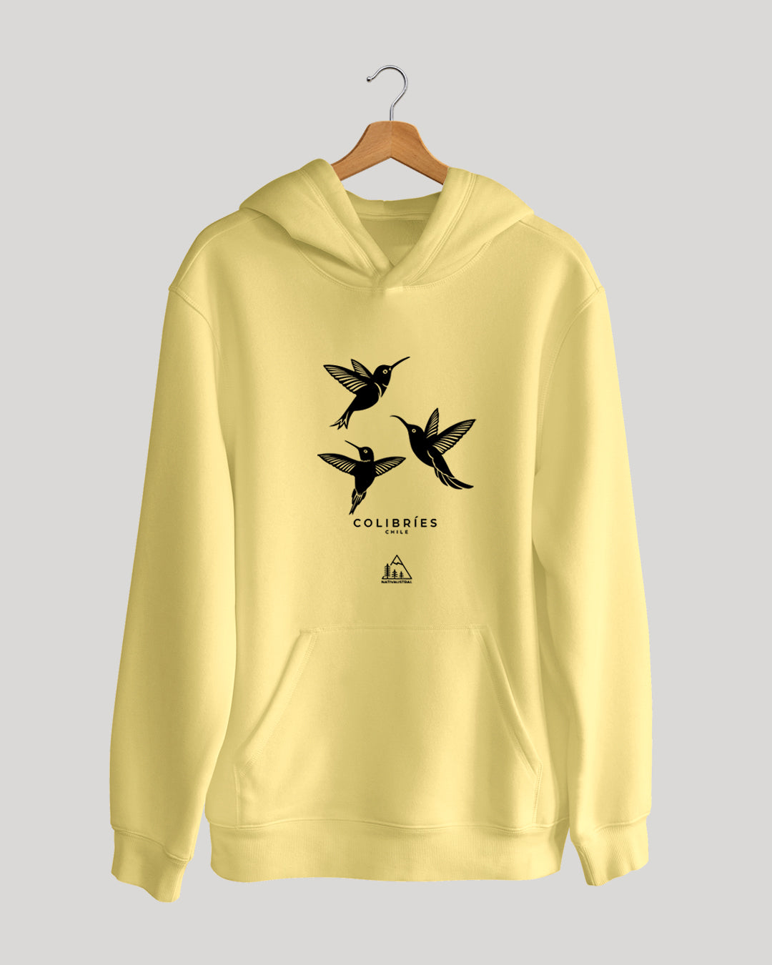 Polerón canguro con diseño de colibríes, aves nativas de Chile, color amarillo - Nativaustral