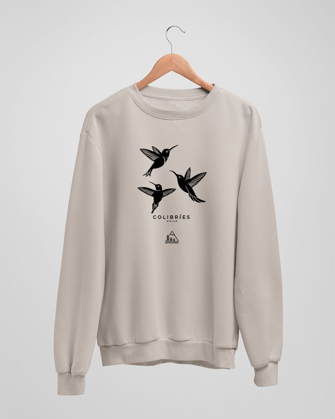 Polerón polo con diseño de colibríes, aves nativas de Chile, color beige - Nativaustral