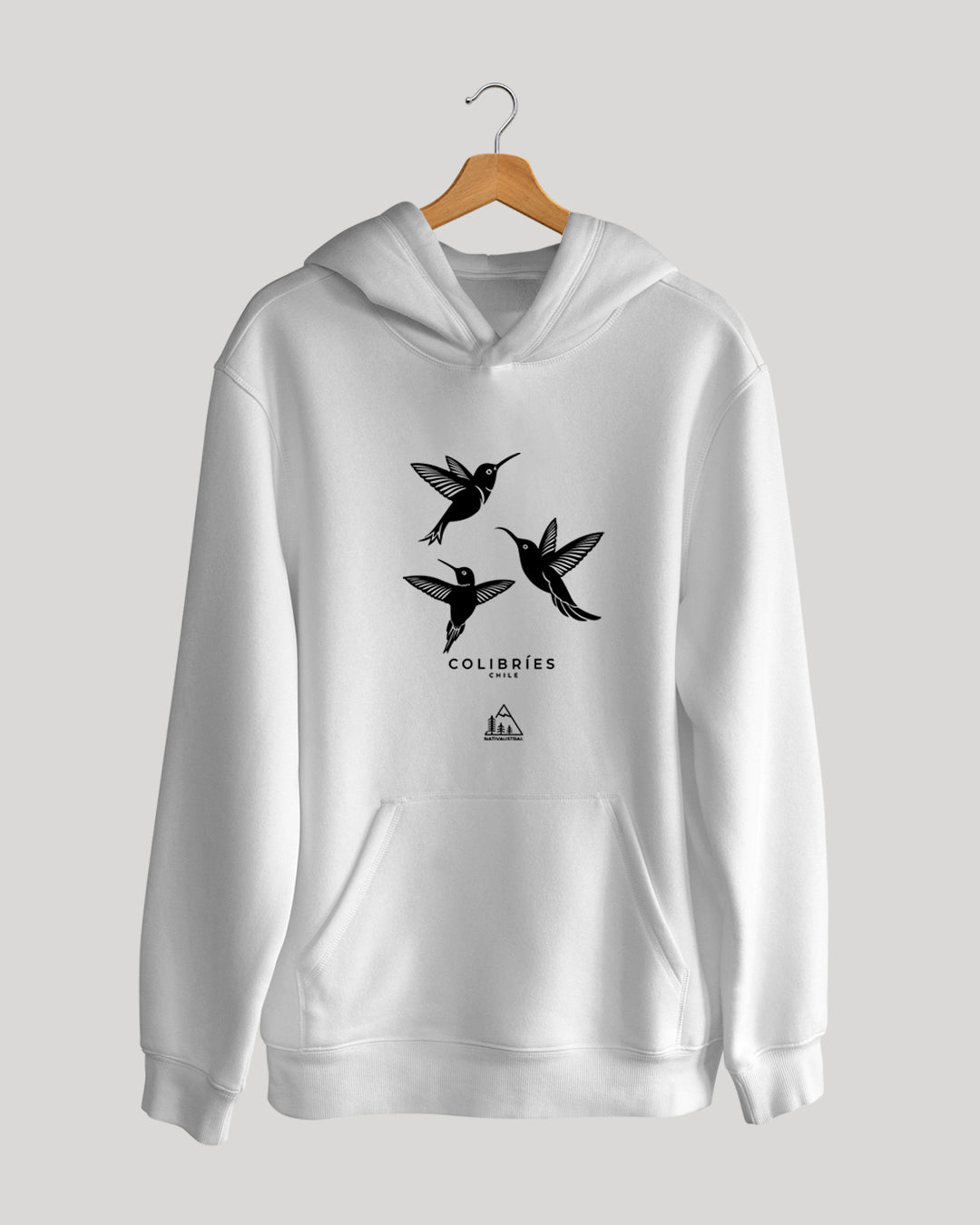 Polerón canguro con diseño de colibríes, aves nativas de Chile, color blanco - Nativaustral