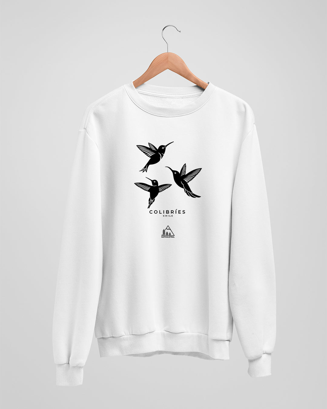 Polerón polo con diseño de colibríes, aves nativas de Chile, color blanco - Nativaustral