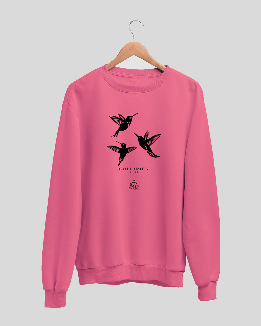 Polerón polo con diseño de colibríes, aves nativas de Chile, color fucsia claro - Nativaustral