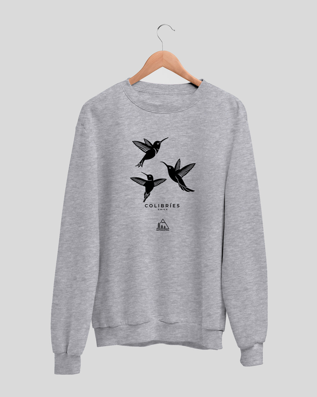 Polerón polo con diseño de colibríes, aves nativas de Chile, color gris claro - Nativaustral