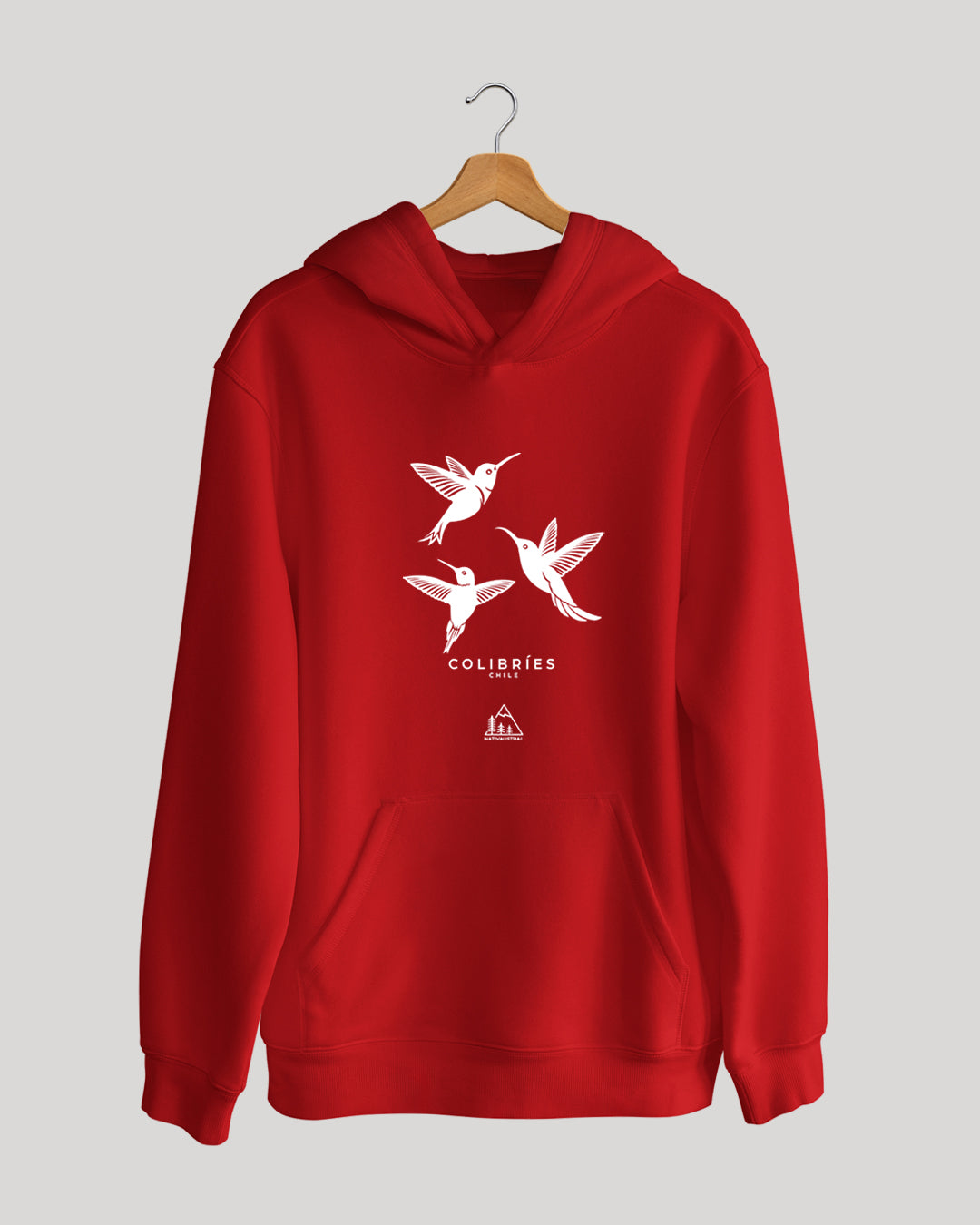 Polerón canguro con diseño de colibríes, aves nativas de Chile, color rojo - Nativaustral
