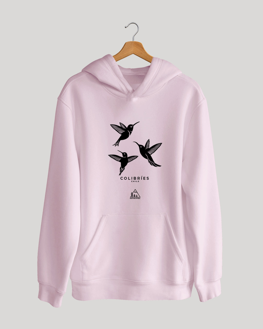 Polerón canguro con diseño de colibríes, aves nativas de Chile, color rosado claro - Nativaustral