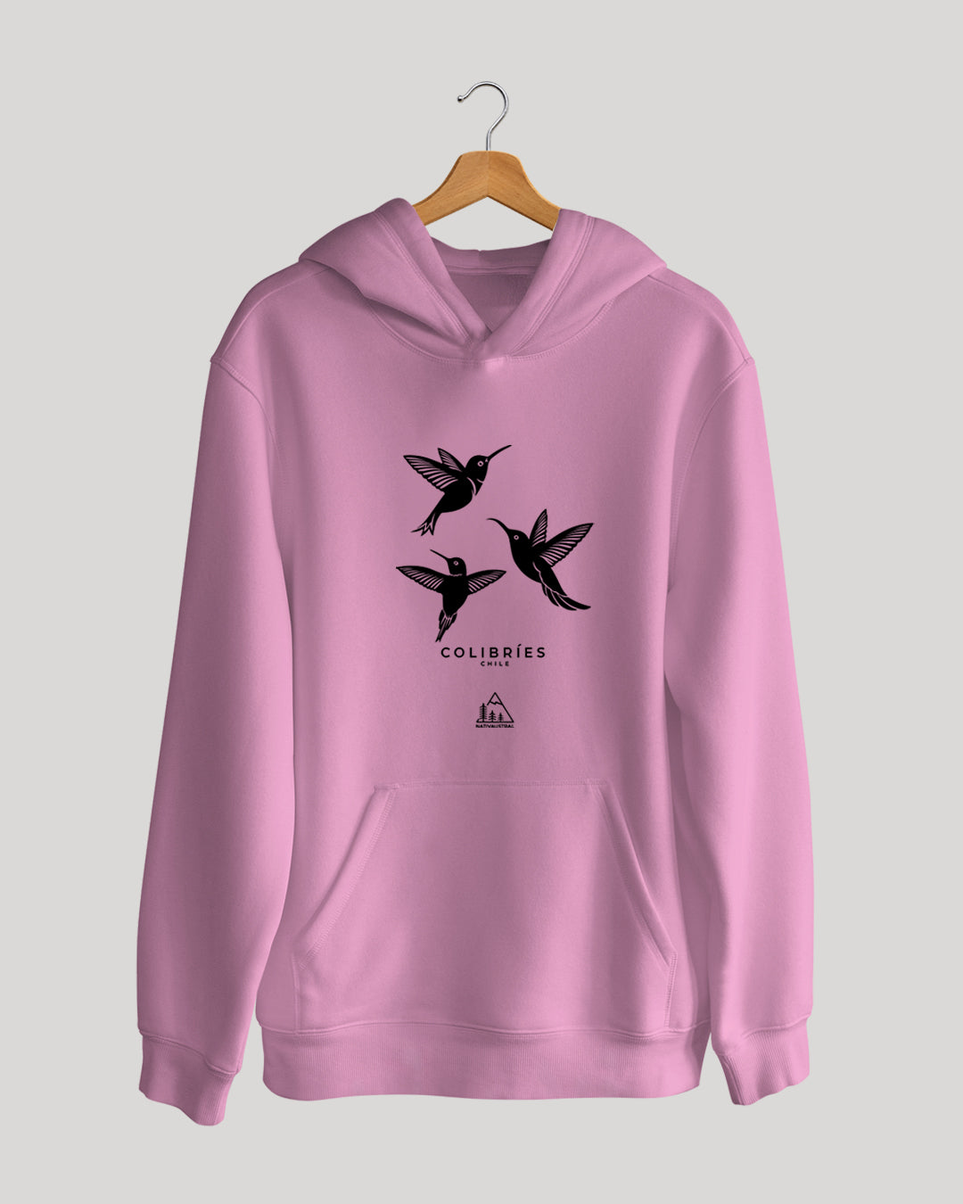 Polerón canguro con diseño de colibríes, aves nativas de Chile, color rosado - Nativaustral