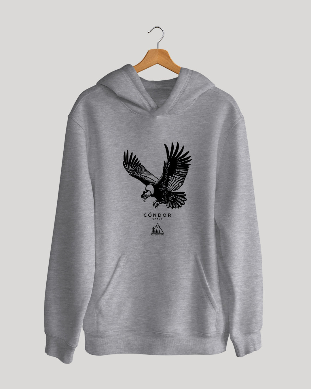 Polerón canguro con diseño de cóndor andino, símbolo de Chile, color gris claro - Nativaustral