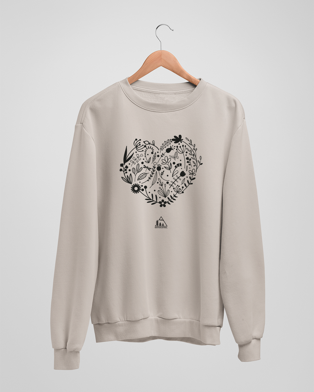 Polerón polo con diseño de corazón de la naturaleza, amor por la naturaleza chilena, color beige - Nativaustral