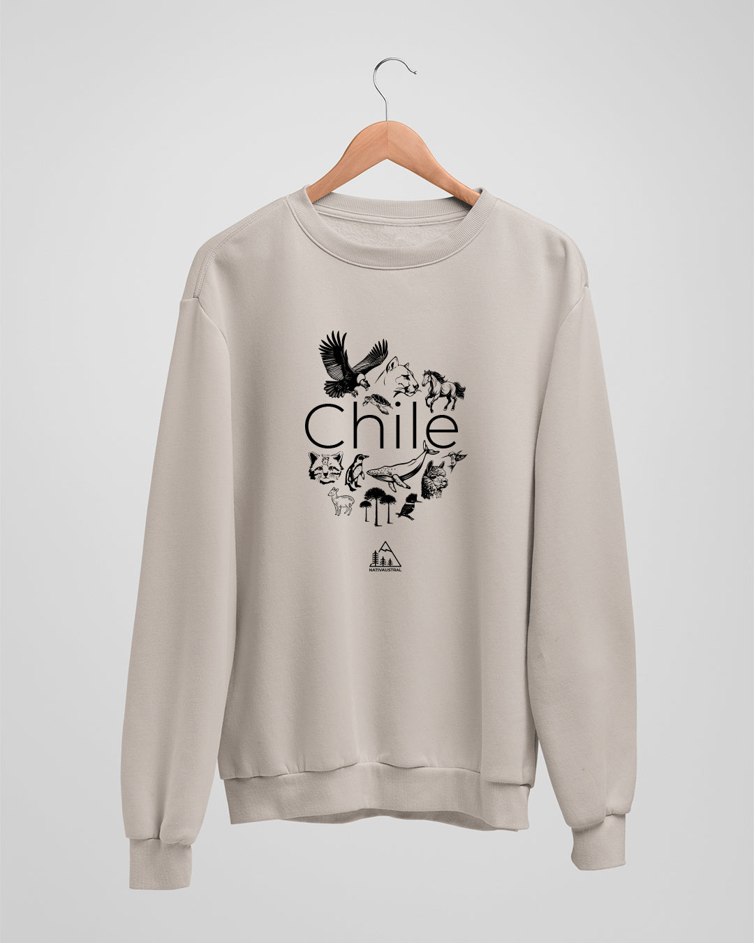 Polerón polo con diseño de fauna nativa chilena, distintas especies nativas de Chile, color beige - Nativaustral