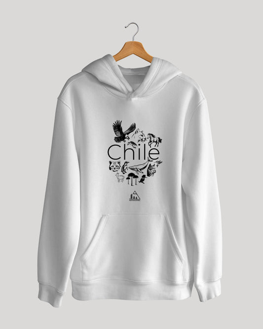Polerón canguro con diseño de fauna nativa chilena, distintas especies nativas de Chile, color blanco - Nativaustral