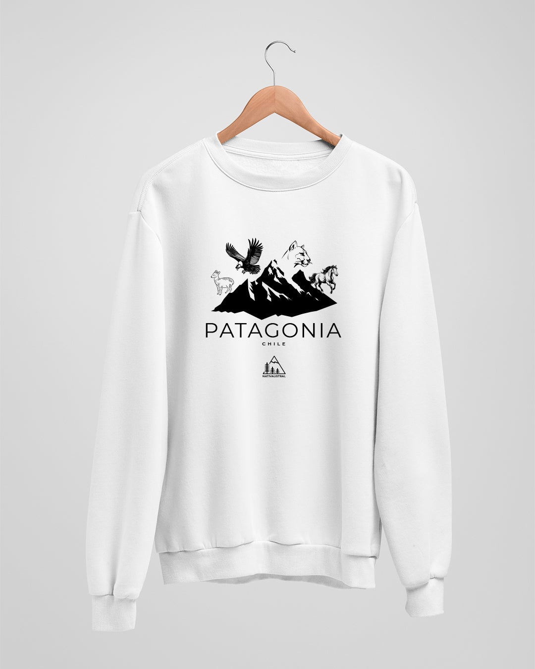 Polerón polo con diseño de fauna patagónica, distintas especies nativas de la Patagonia chilena, color blanco - Nativaustral