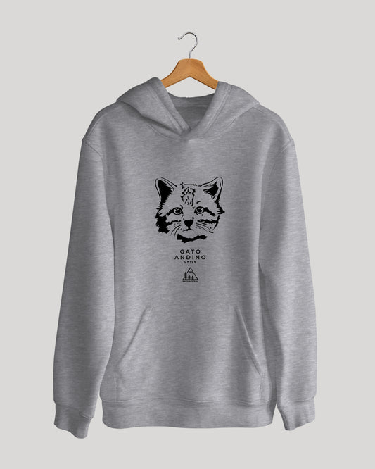 Polerón canguro con diseño de gato andino, felino nativo de la cordillera andina, especie amenazada, color gris claro - Nativaustral