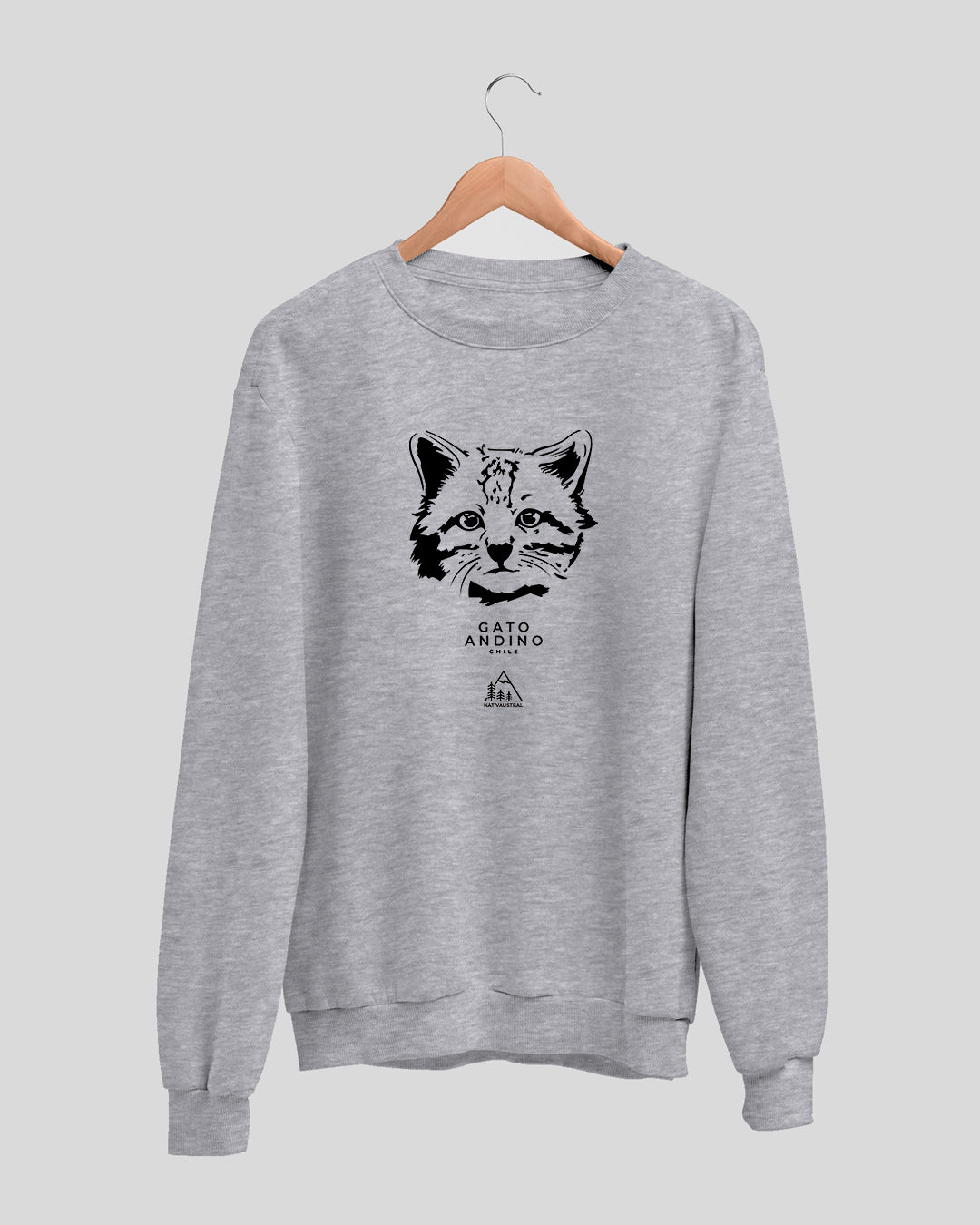 Polerón polo con diseño de gato andino, felino nativo de la cordillera andina, especie amenazada, color gris claro - Nativaustral