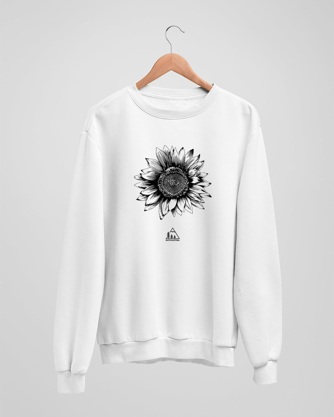 Polerón polo con diseño de girasol, flor inspirada en la naturaleza chilena, color blanco - Nativaustral