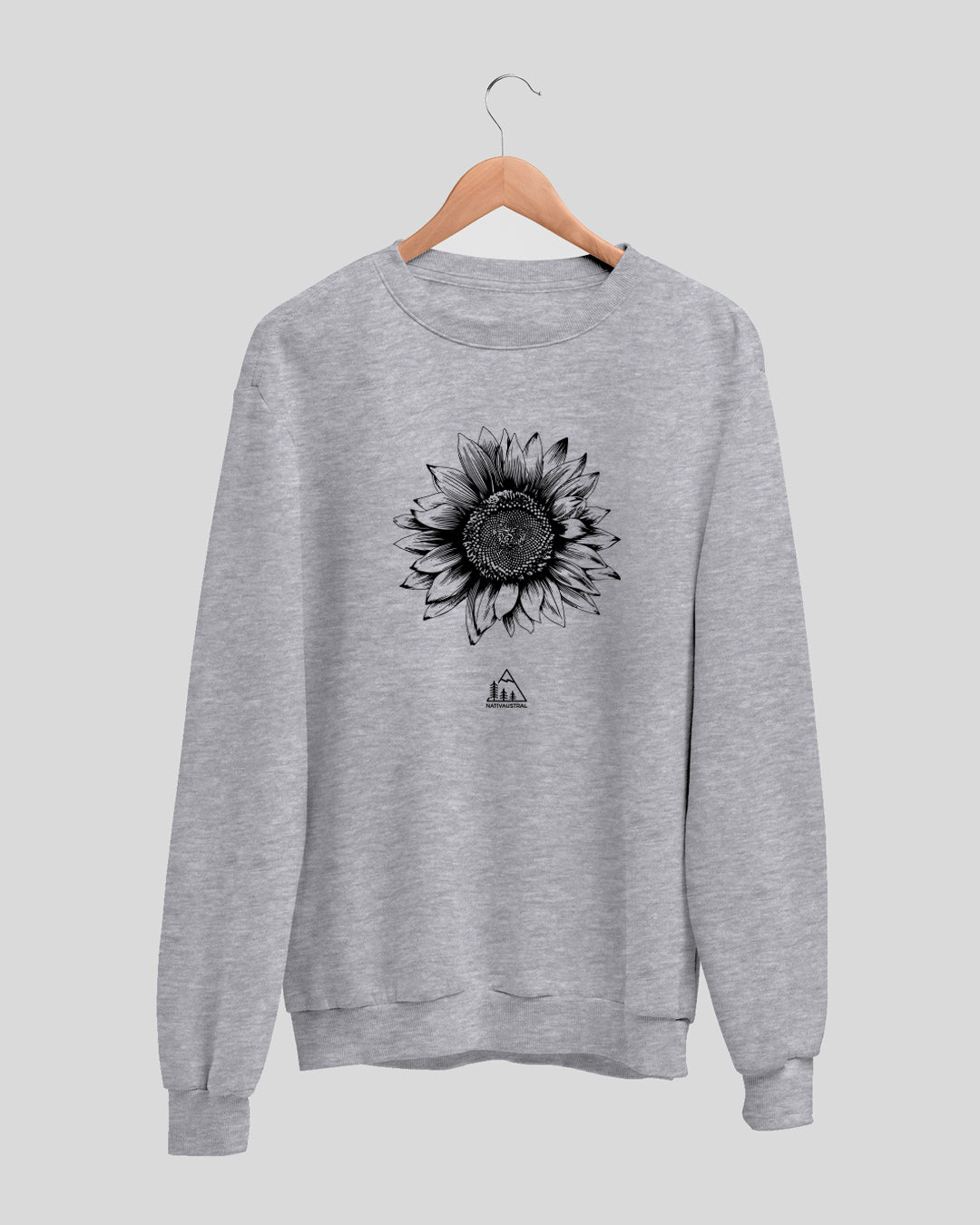 Polerón polo con diseño de girasol, flor inspirada en la naturaleza chilena, color gris claro - Nativaustral