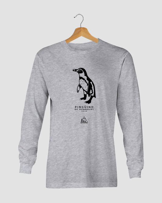 Polera manga larga con diseño de pingüino de Humboldt, ave marina de las costas chilenas, color gris claro - Nativaustral