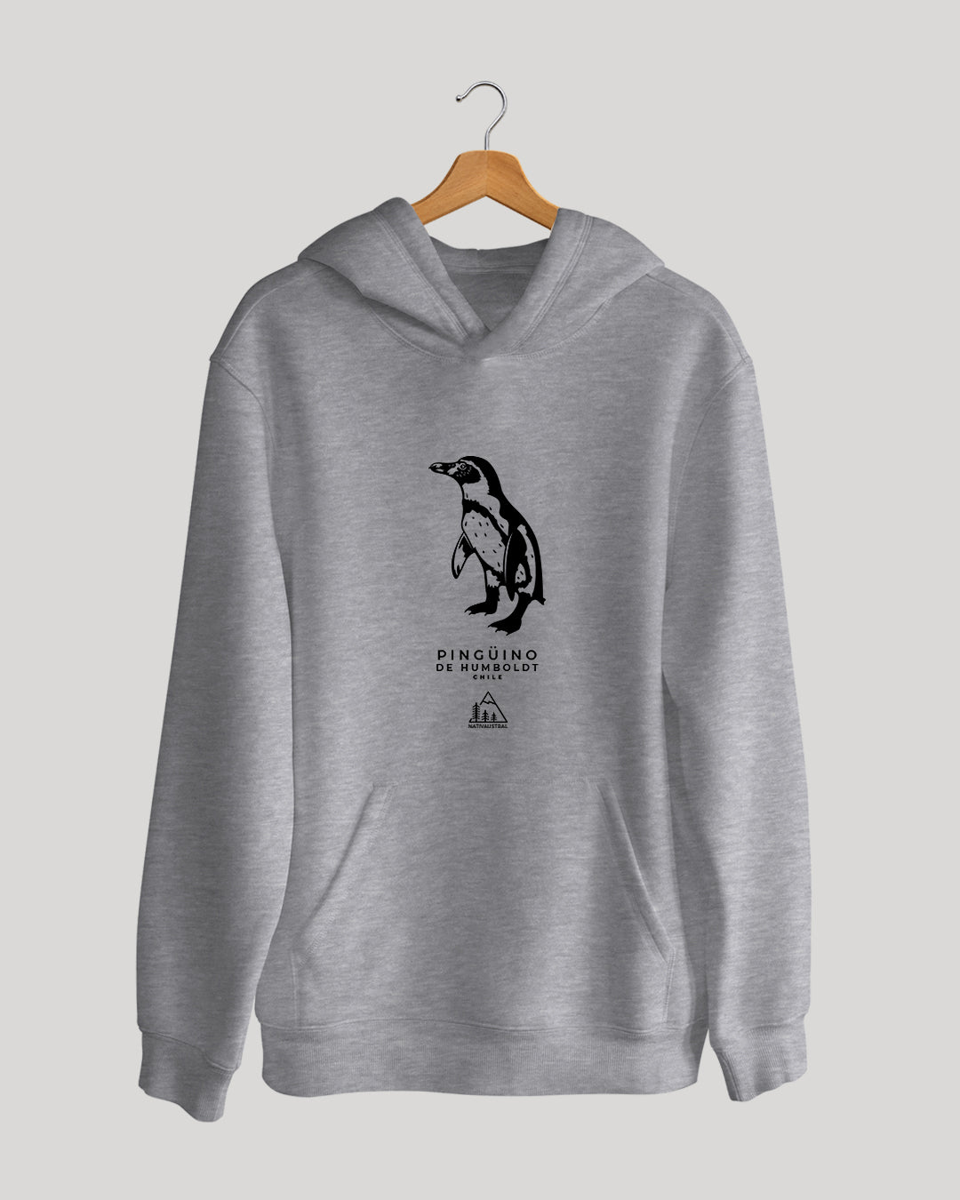 Polerón canguro con diseño de pingüino de Humboldt, ave marina de las costas chilenas, color gris claro - Nativaustral