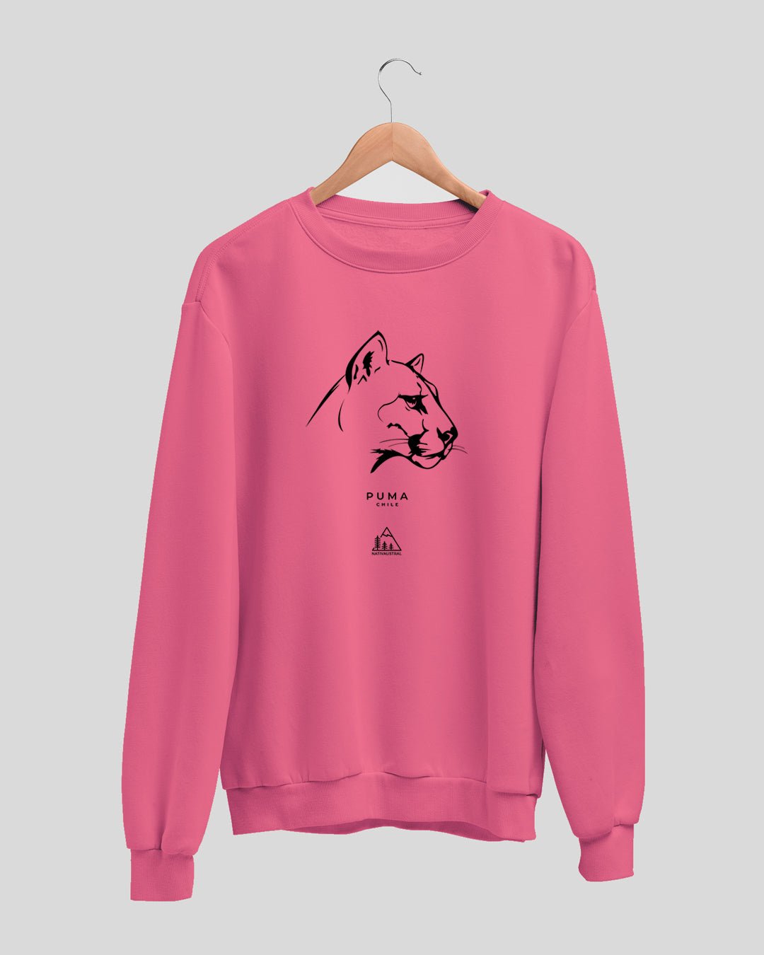 Polerón polo con diseño de puma, felino nativo de la cordillera chilena, color fucsia claro - Nativaustral