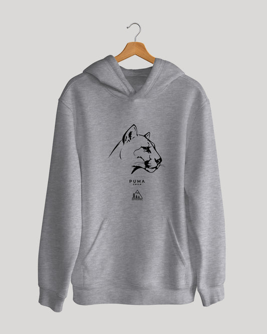 Polerón canguro con diseño de puma, felino nativo de la cordillera chilena, color gris claro - Nativaustral