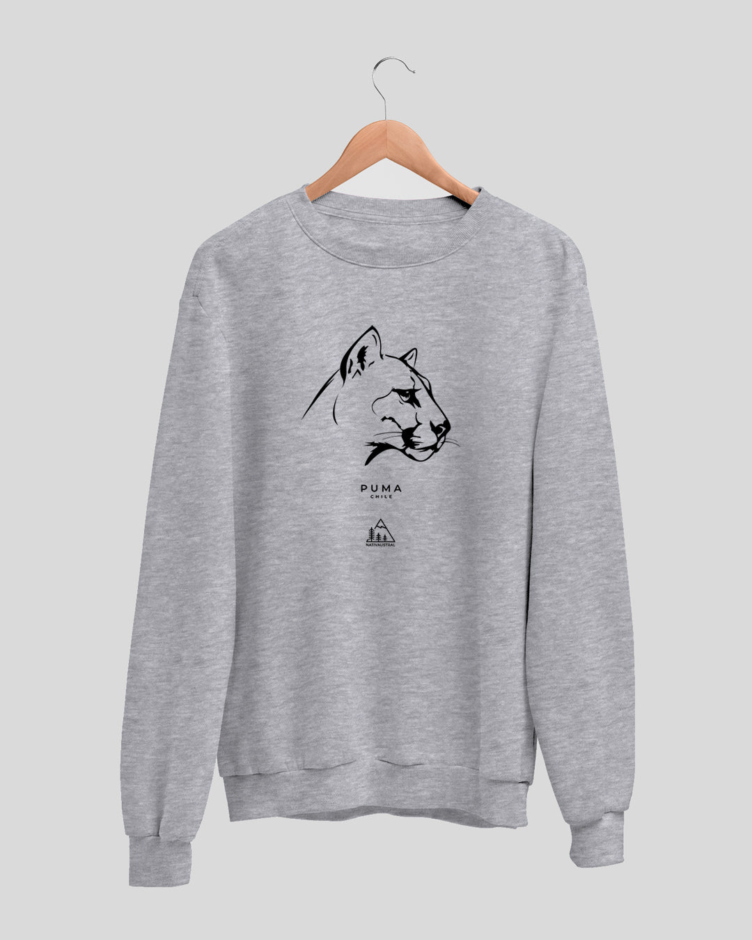 Polerón polo con diseño de puma, felino nativo de la cordillera chilena, color gris claro - Nativaustral
