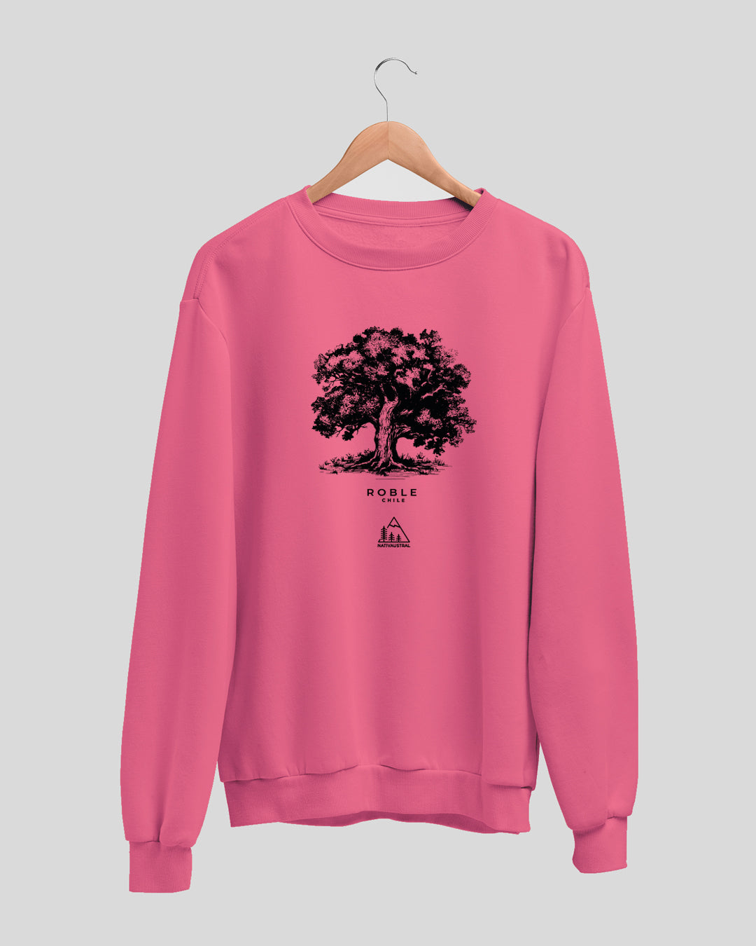 Polerón polo con diseño de roble, árbol nativo de los bosques del sur de Chile, color fucsia claro - Nativaustral