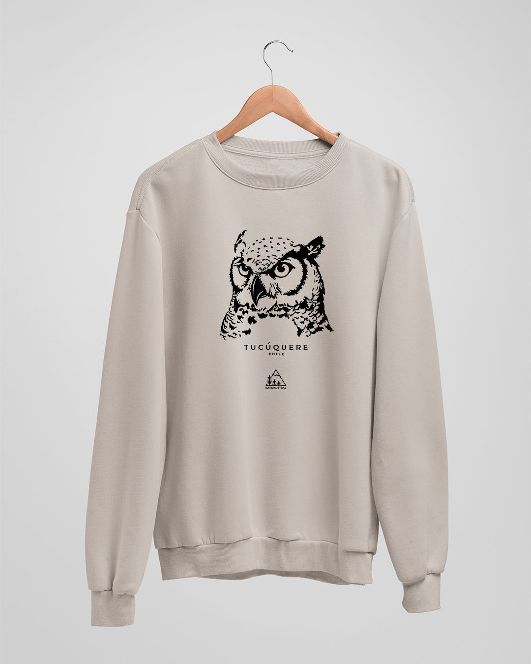 Polerón polo con diseño de tucúquere, búho nativo de Chile, color beige - Nativaustral