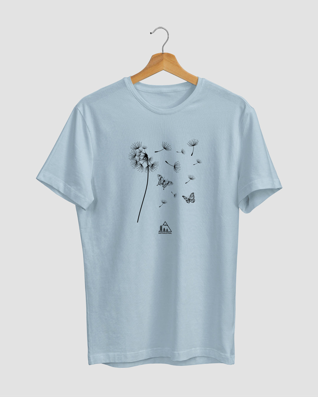 Polera con diseño de diente de león, flor silvestre de Chile, símbolo de libertad, color celeste - Nativaustral